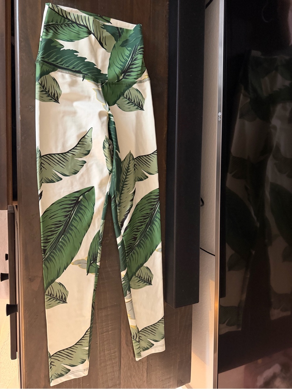Beach Riot Cream Leggings with Bold Green Leaf Print
